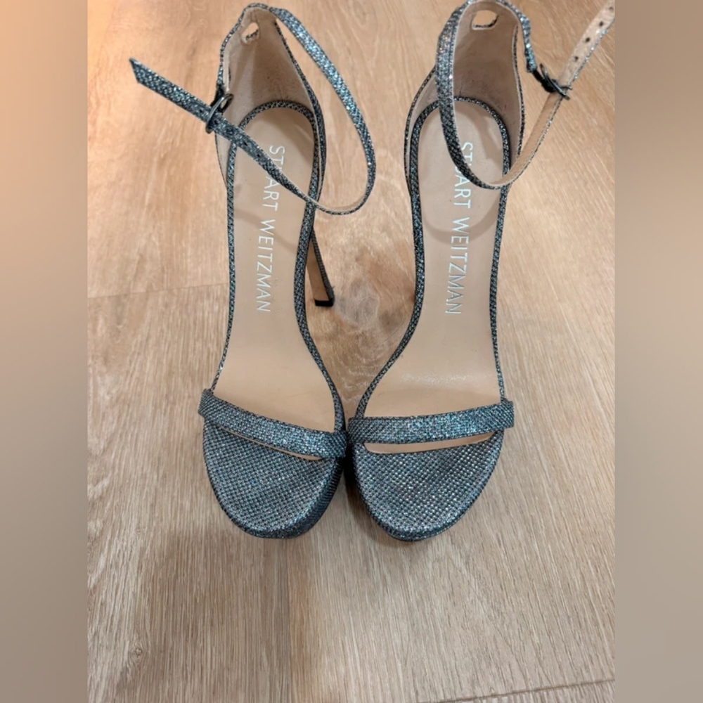 Stuart Weitzman Glittering Silver Ankle Strap Heels
